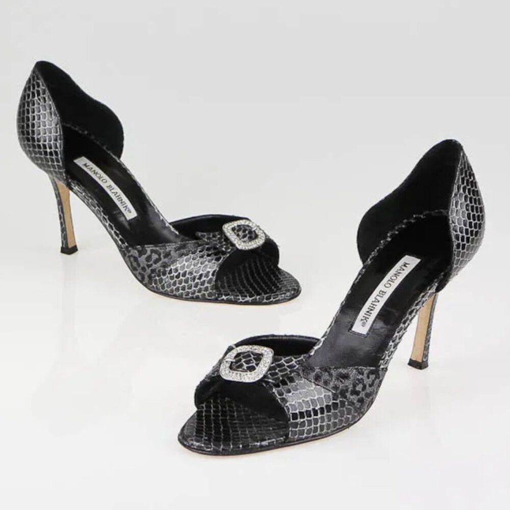 Manolo Blahnik Black and Silver Snakeskin D'Orsay Heels with Crystal Buckle